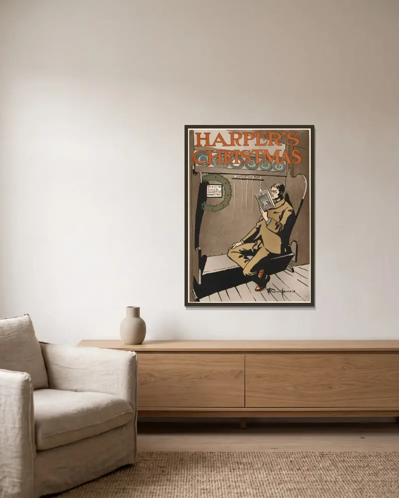 Harper's jul av Edward Penfield inramad på en vägg