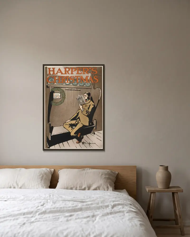 Harper's jul av Edward Penfield inramad på en vägg