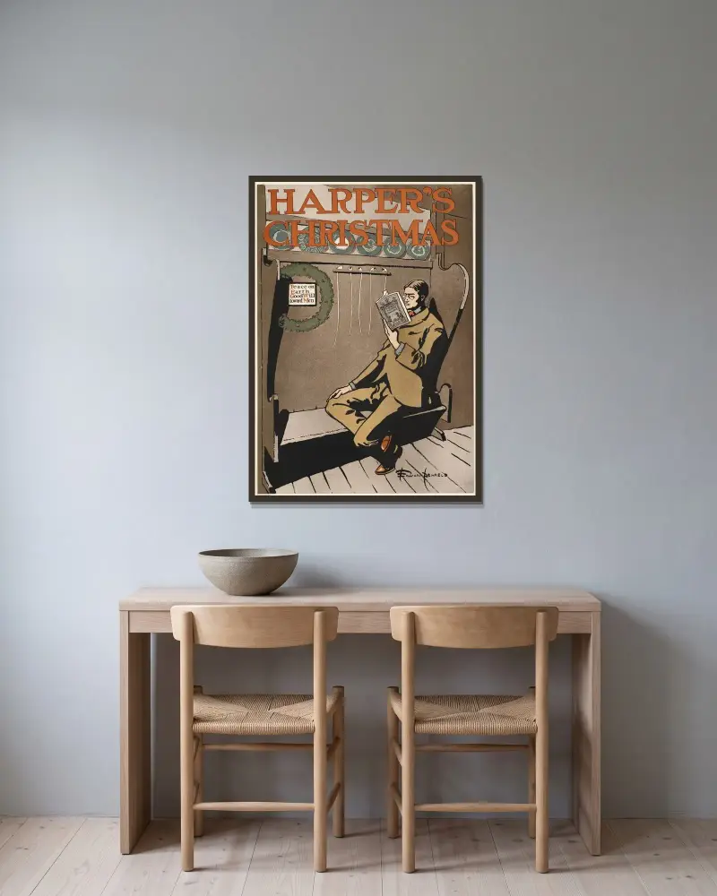 Harper's jul av Edward Penfield inramad på en vägg
