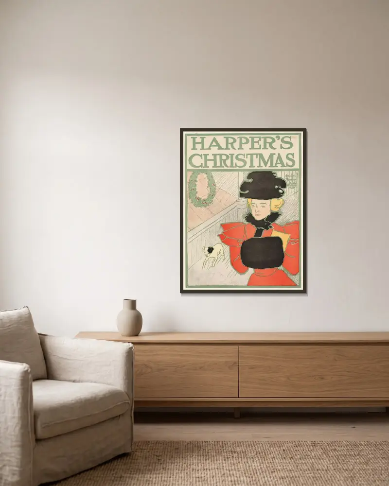 Harper's jul av Edward Penfield inramad på en vägg