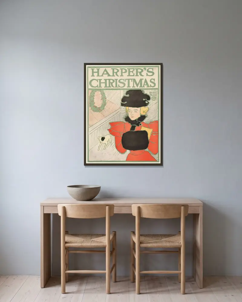 Harper's jul av Edward Penfield inramad på en vägg