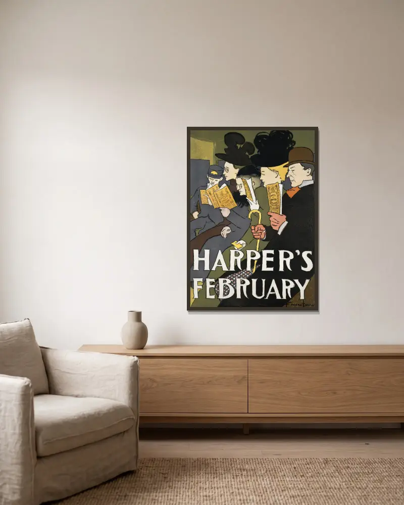 Harper’s February, 1897 av Edward Penfield inramad på en vägg
