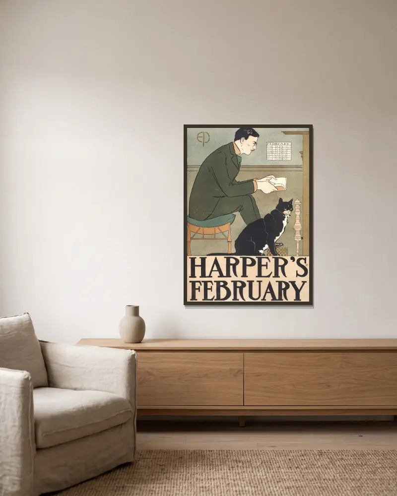 Harper’s February, 1898 av Edward Penfield inramad på en vägg