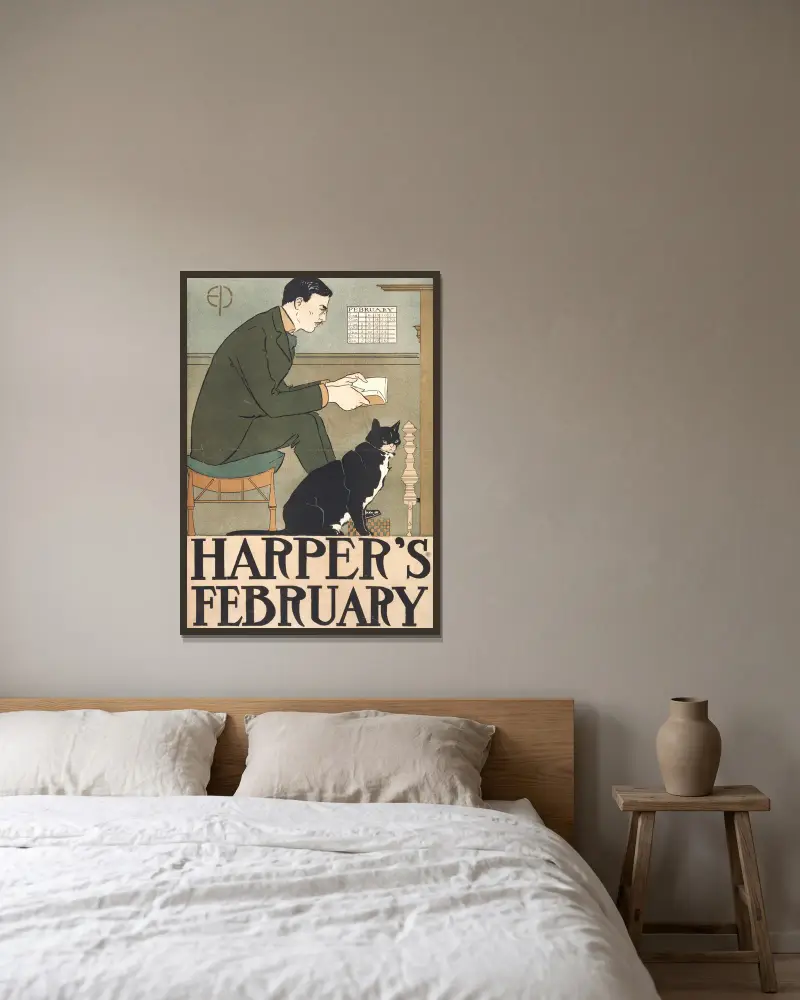 Harper’s February, 1898 av Edward Penfield inramad på en vägg