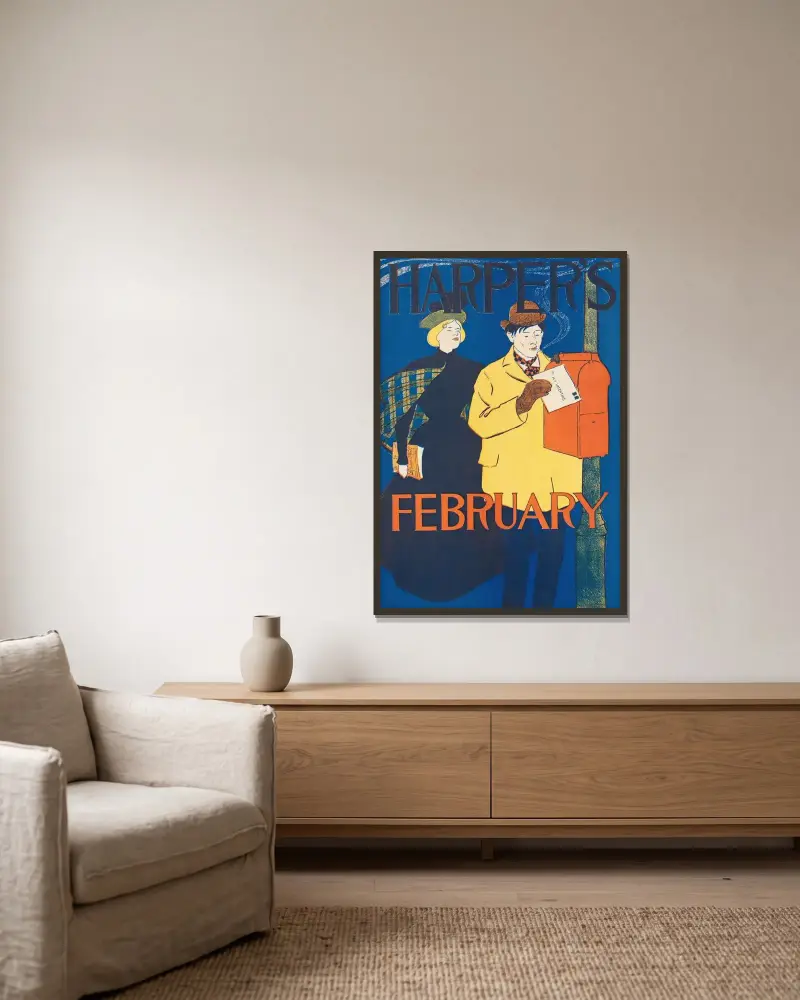 Harper’s February av Edward Penfield inramad på en vägg