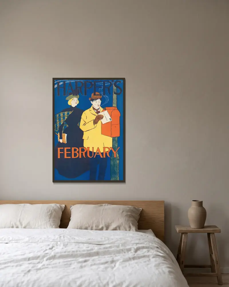 Harper’s February av Edward Penfield inramad på en vägg