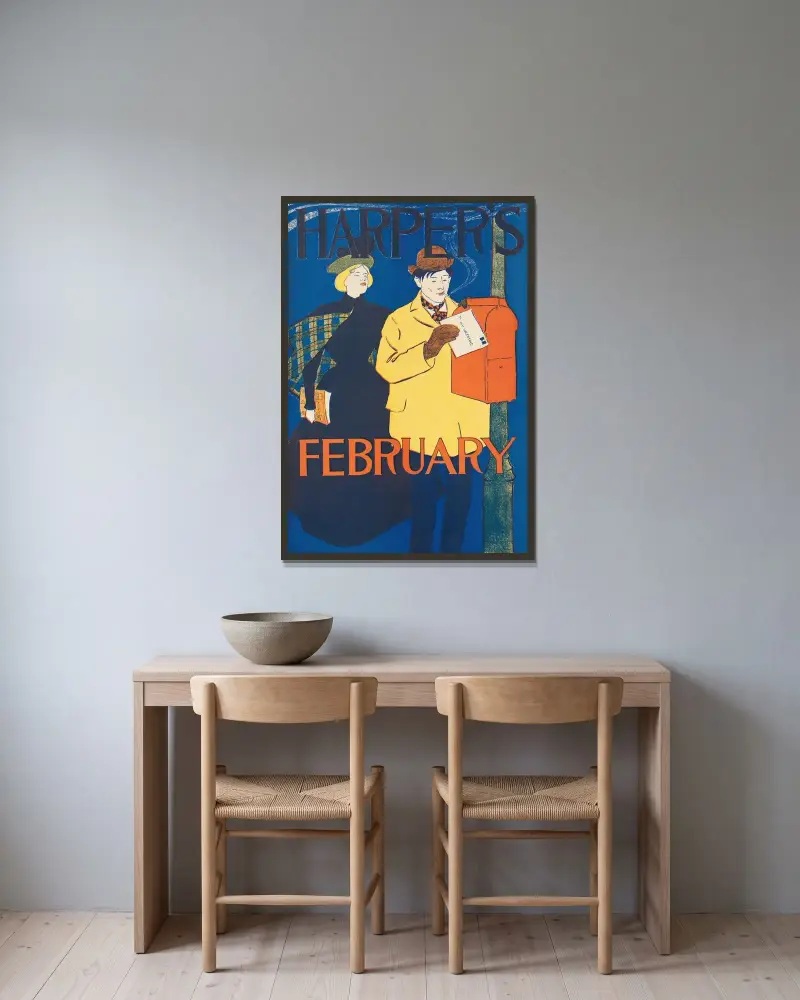 Harper’s February av Edward Penfield inramad på en vägg