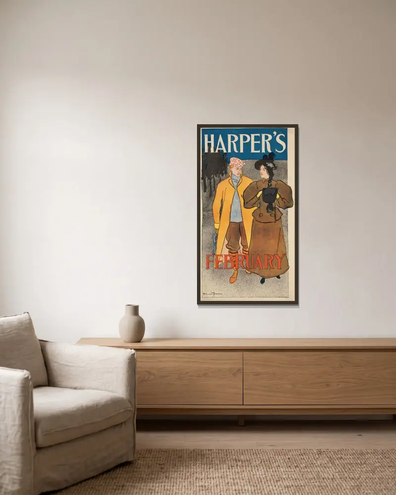 Harper’s February av Edward Penfield inramad på en vägg