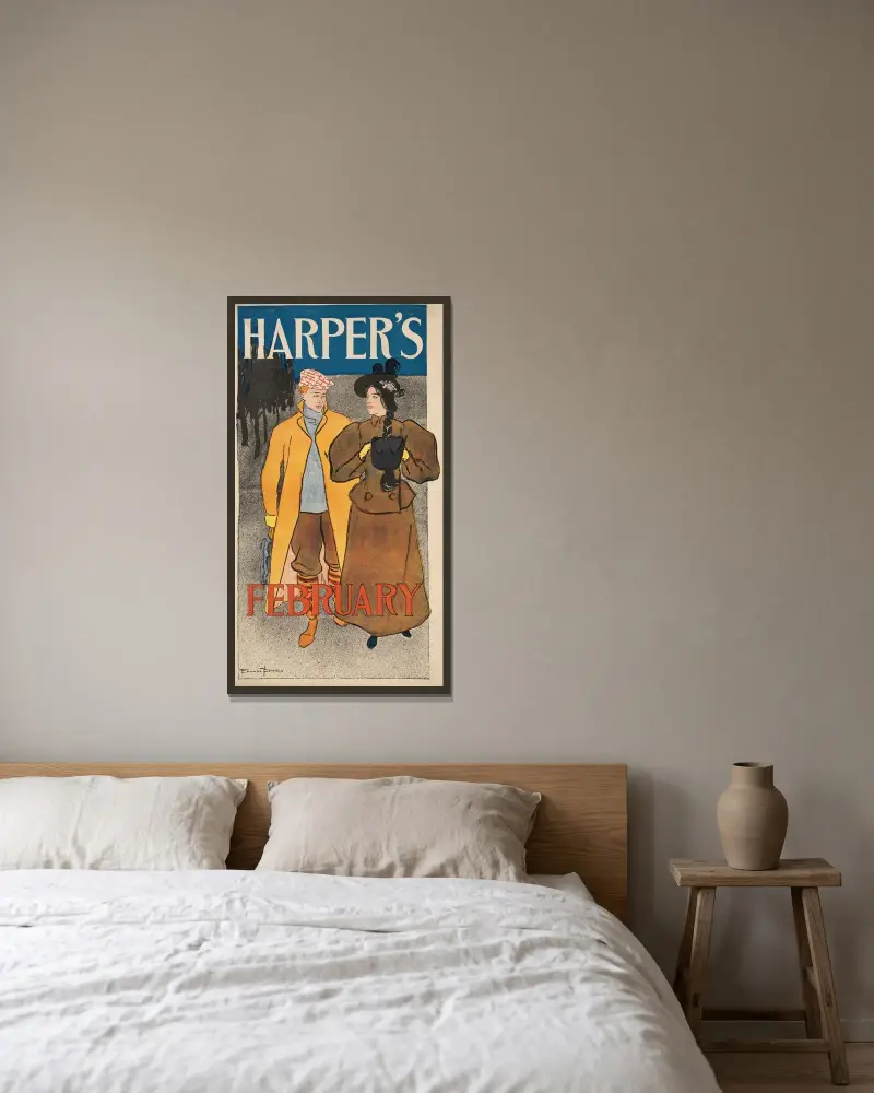 Harper’s February av Edward Penfield inramad på en vägg