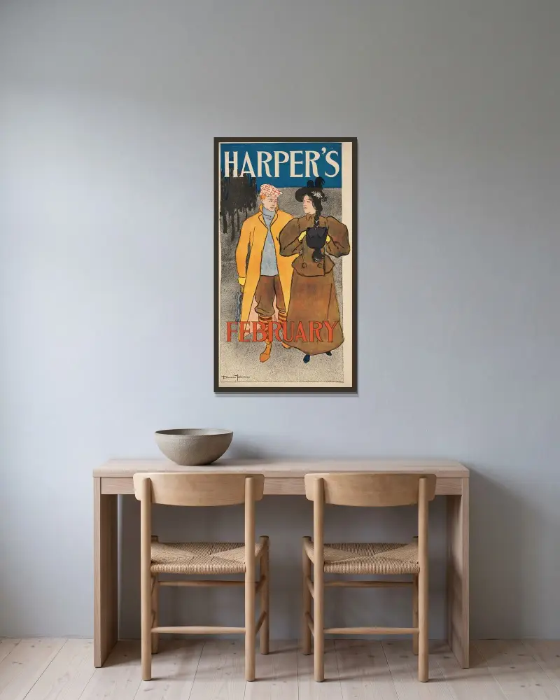 Harper’s February av Edward Penfield inramad på en vägg