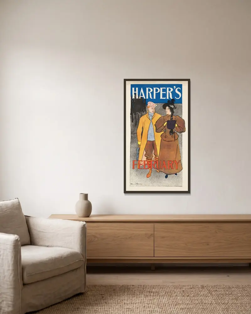 Harper’s February av Edward Penfield inramad på en vägg