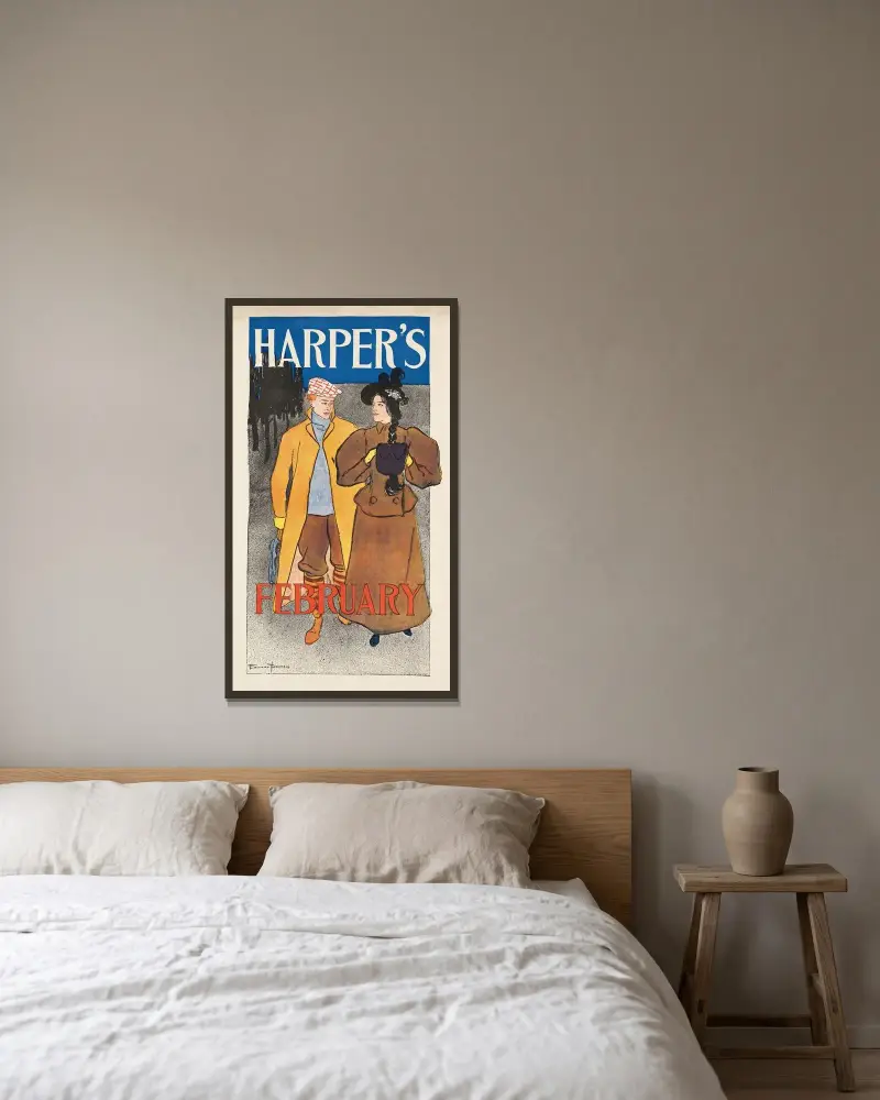 Harper’s February av Edward Penfield inramad på en vägg
