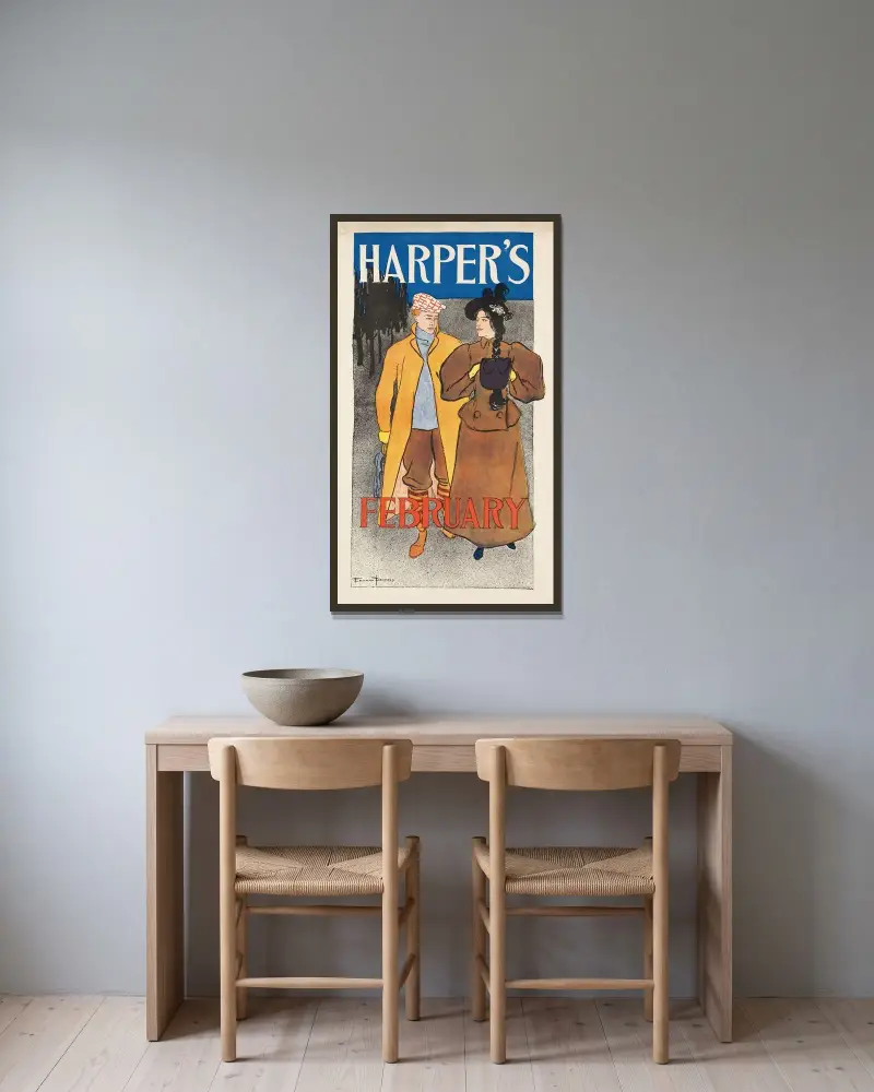 Harper’s February av Edward Penfield inramad på en vägg