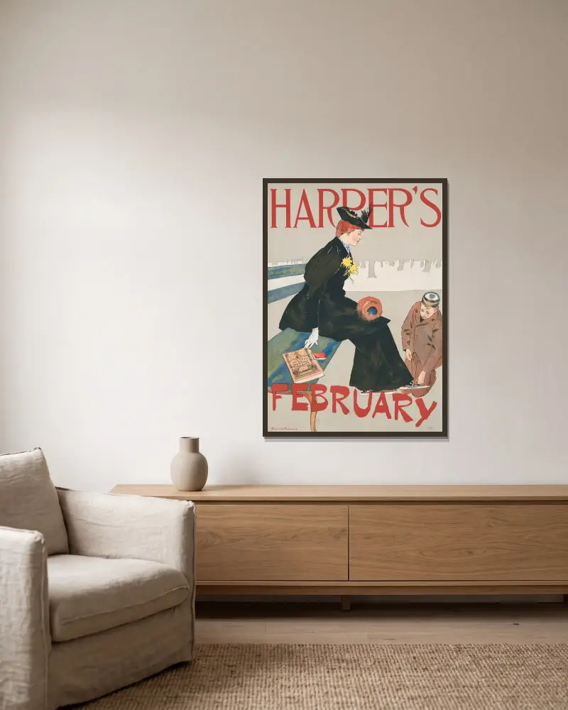 Harper’s February, 1894 av Edward Penfield inramad på en vägg