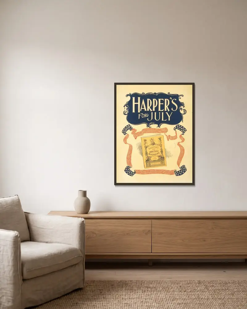 Harper's for July av Edward Penfield inramad på en vägg
