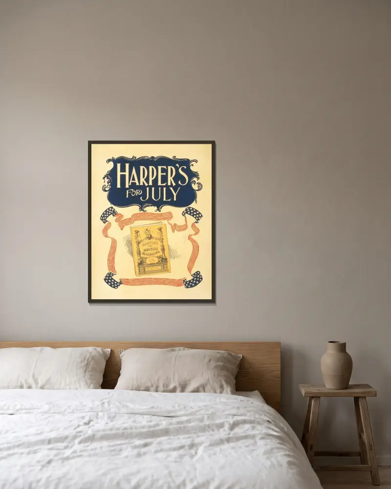 Harper's for July av Edward Penfield inramad på en vägg