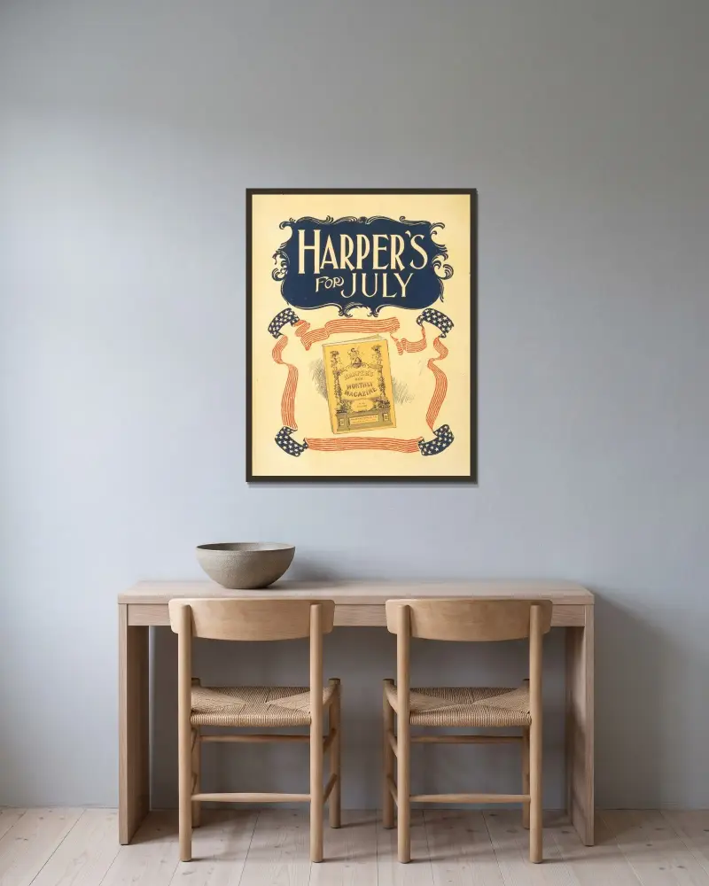 Harper's for July av Edward Penfield inramad på en vägg