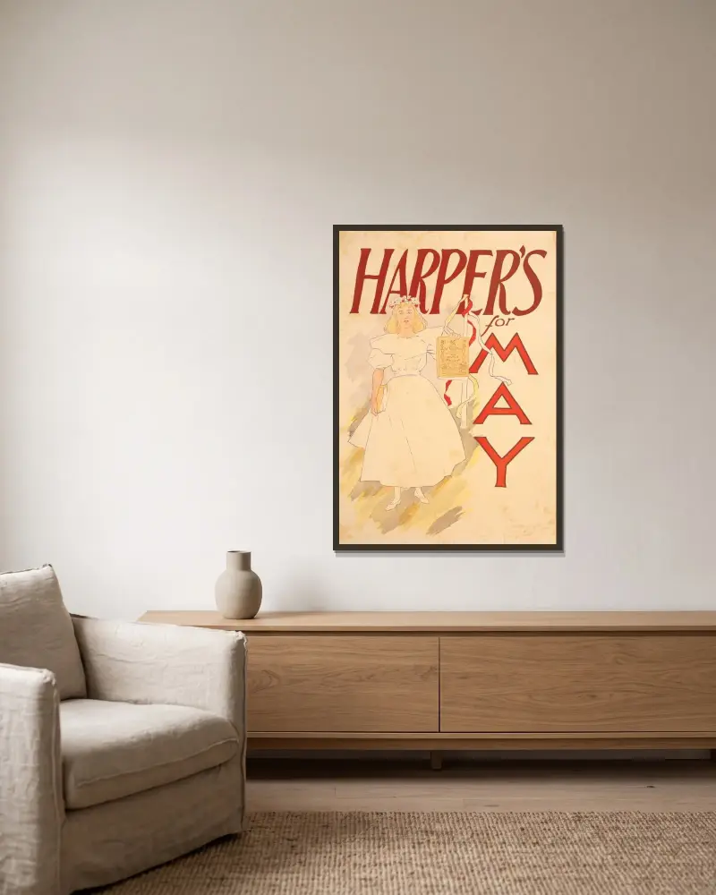 Harper’s for May av Edward Penfield inramad på en vägg