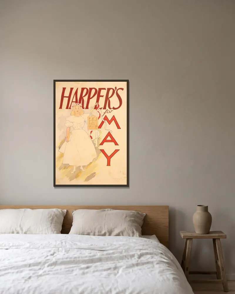 Harper’s for May av Edward Penfield inramad på en vägg