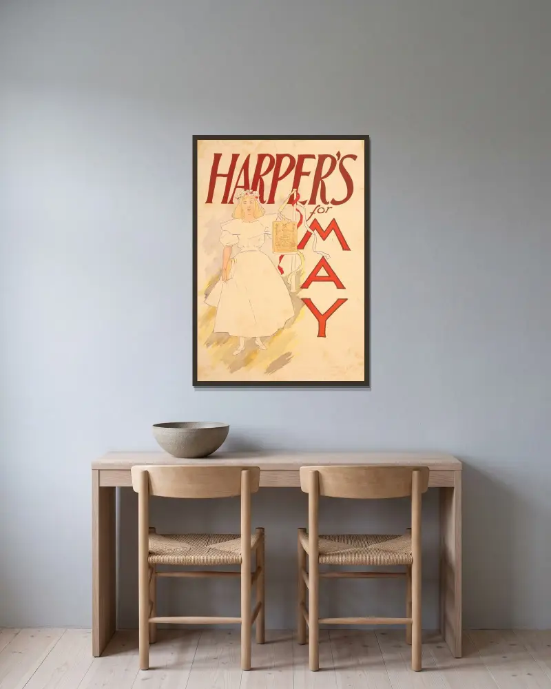 Harper’s for May av Edward Penfield inramad på en vägg