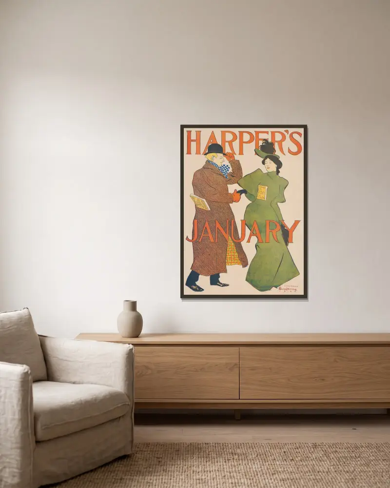 Harper’s January av Edward Penfield inramad på en vägg