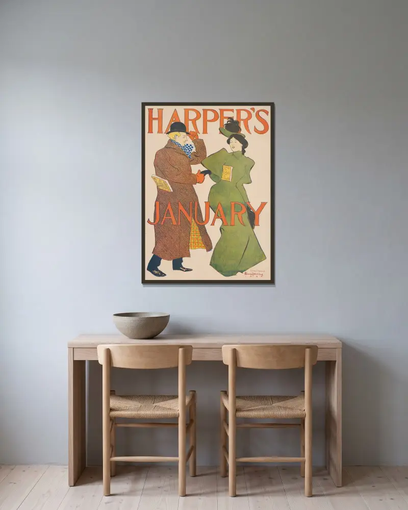 Harper’s January av Edward Penfield inramad på en vägg