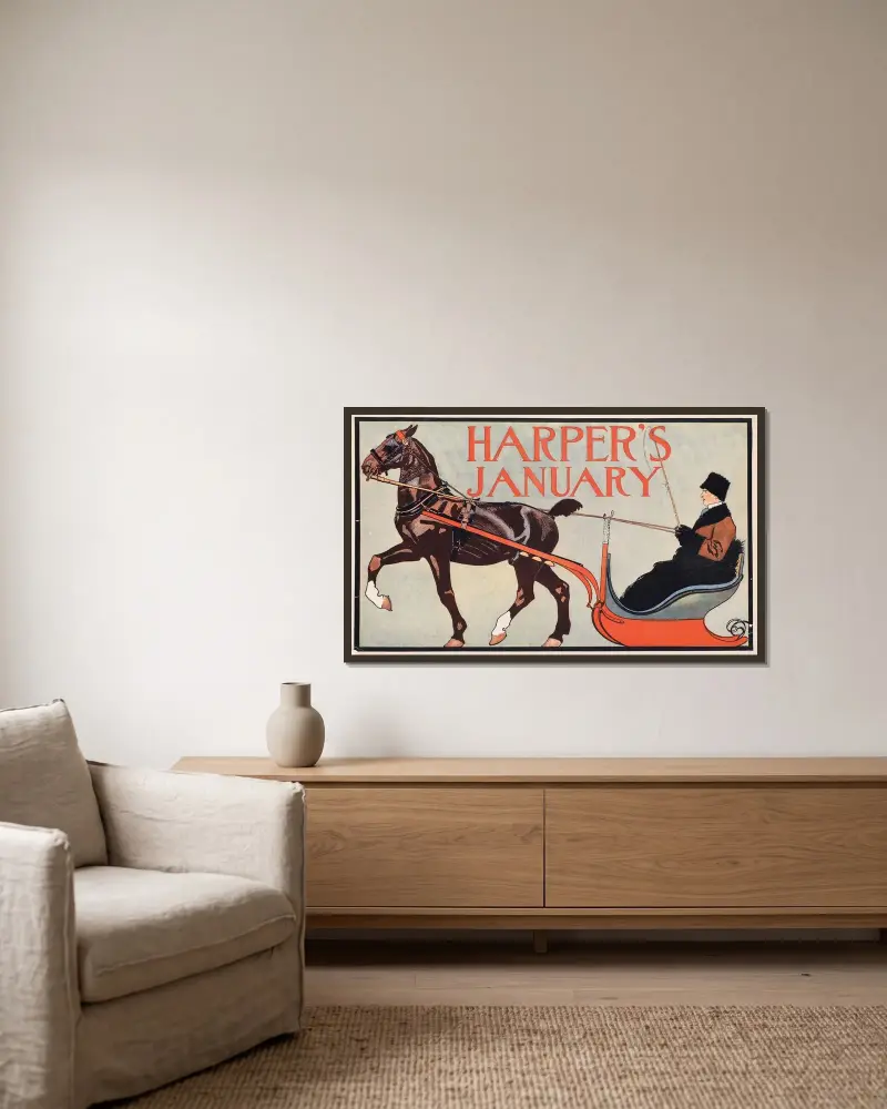 Harper’s January av Edward Penfield inramad på en vägg