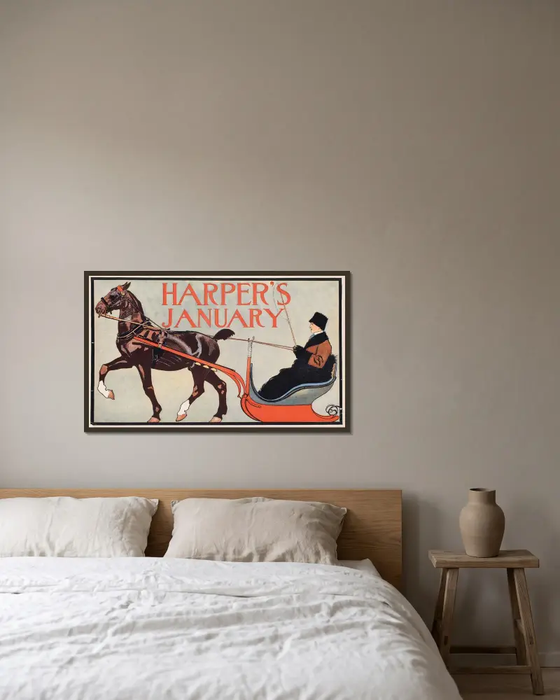 Harper’s January av Edward Penfield inramad på en vägg