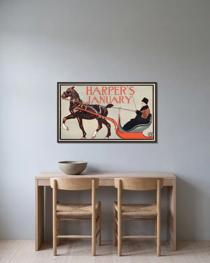 Harper’s January av Edward Penfield inramad på en vägg