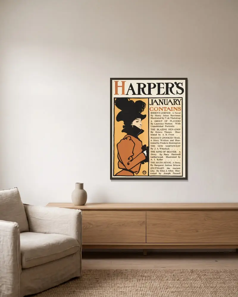 Harper’s January av Edward Penfield inramad på en vägg
