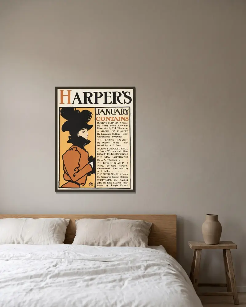 Harper’s January av Edward Penfield inramad på en vägg