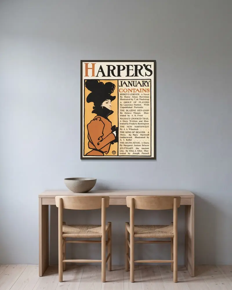 Harper’s January av Edward Penfield inramad på en vägg