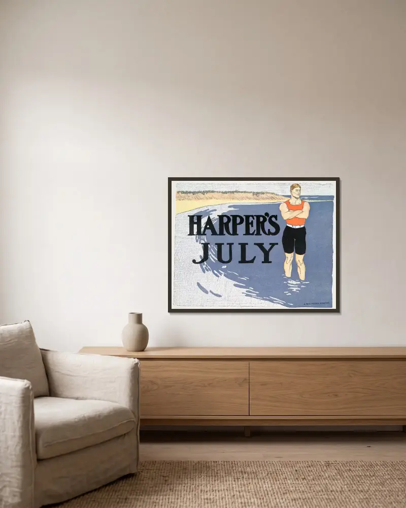 Harper’s July av Edward Penfield inramad på en vägg