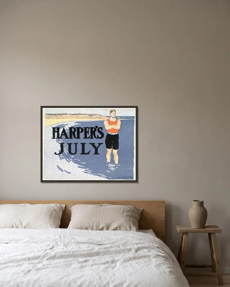 Harper’s July av Edward Penfield inramad på en vägg