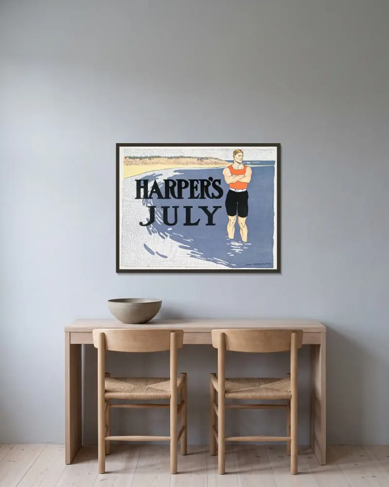 Harper’s July av Edward Penfield inramad på en vägg