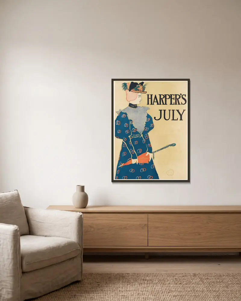 Harper’s juli av Edward Penfield inramad på en vägg