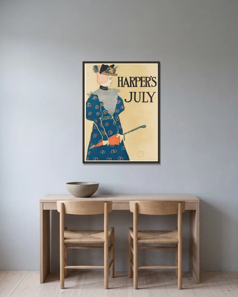 Harper’s juli av Edward Penfield inramad på en vägg