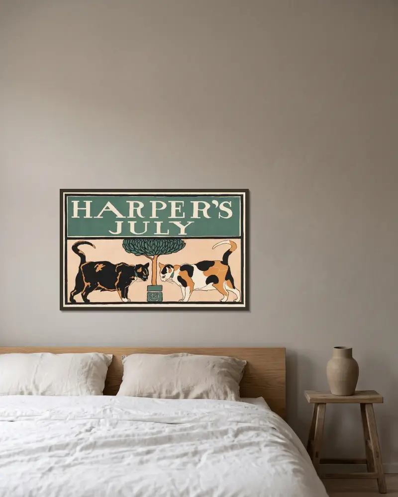 Harper’s July av Edward Penfield inramad på en vägg