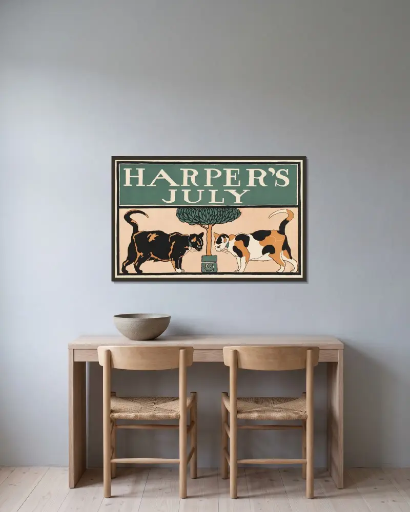 Harper’s July av Edward Penfield inramad på en vägg
