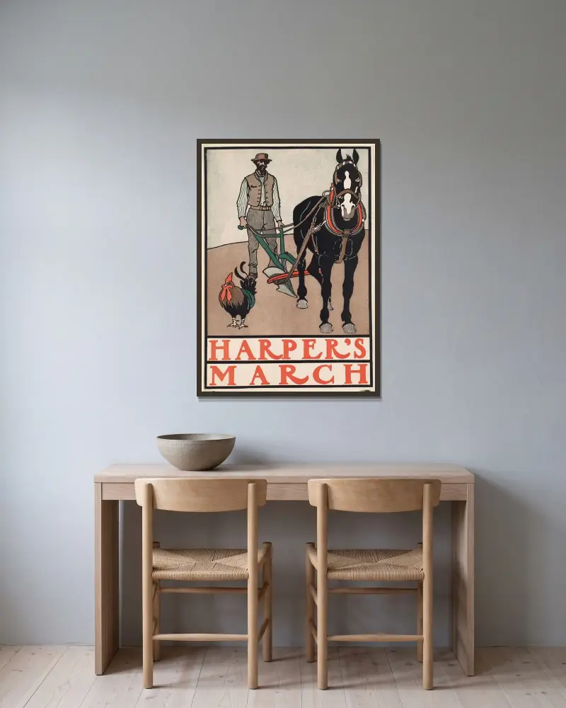 Harper’s March av Edward Penfield inramad på en vägg