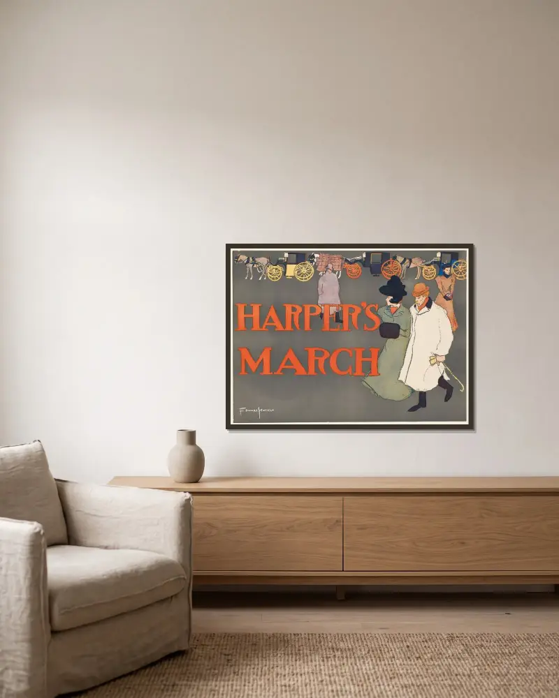 Harper’s March av Edward Penfield inramad på en vägg