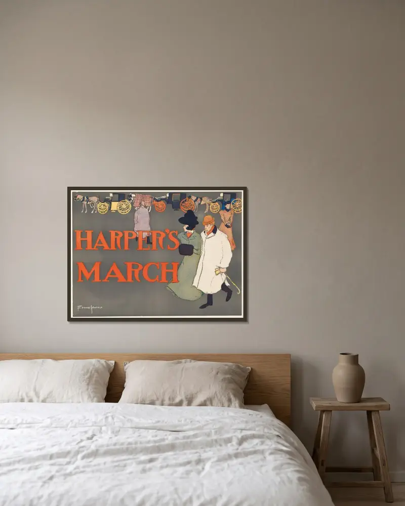 Harper’s March av Edward Penfield inramad på en vägg