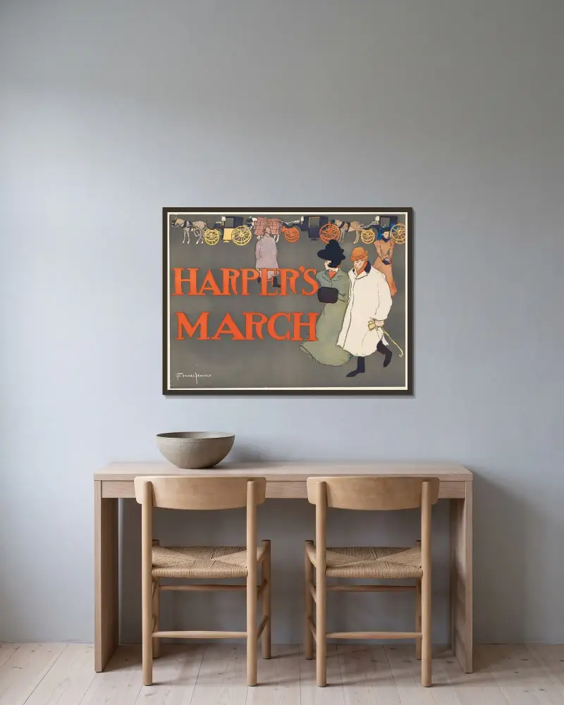Harper’s March av Edward Penfield inramad på en vägg