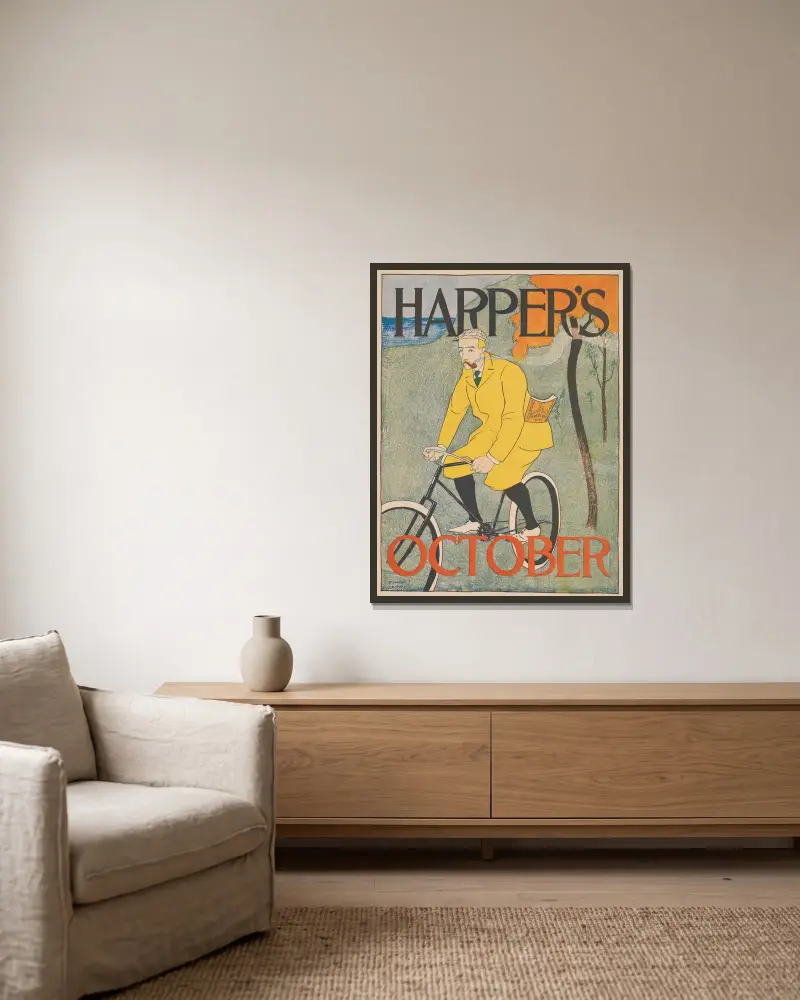 Harper’s oktober av Edward Penfield inramad på en vägg