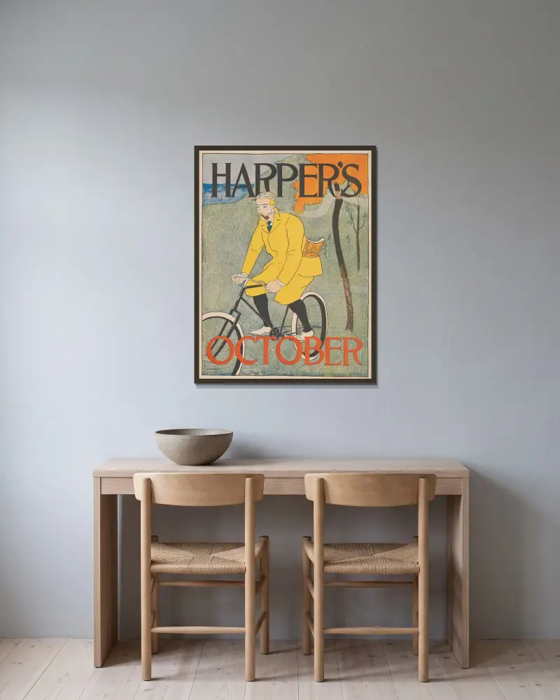 Harper’s oktober av Edward Penfield inramad på en vägg
