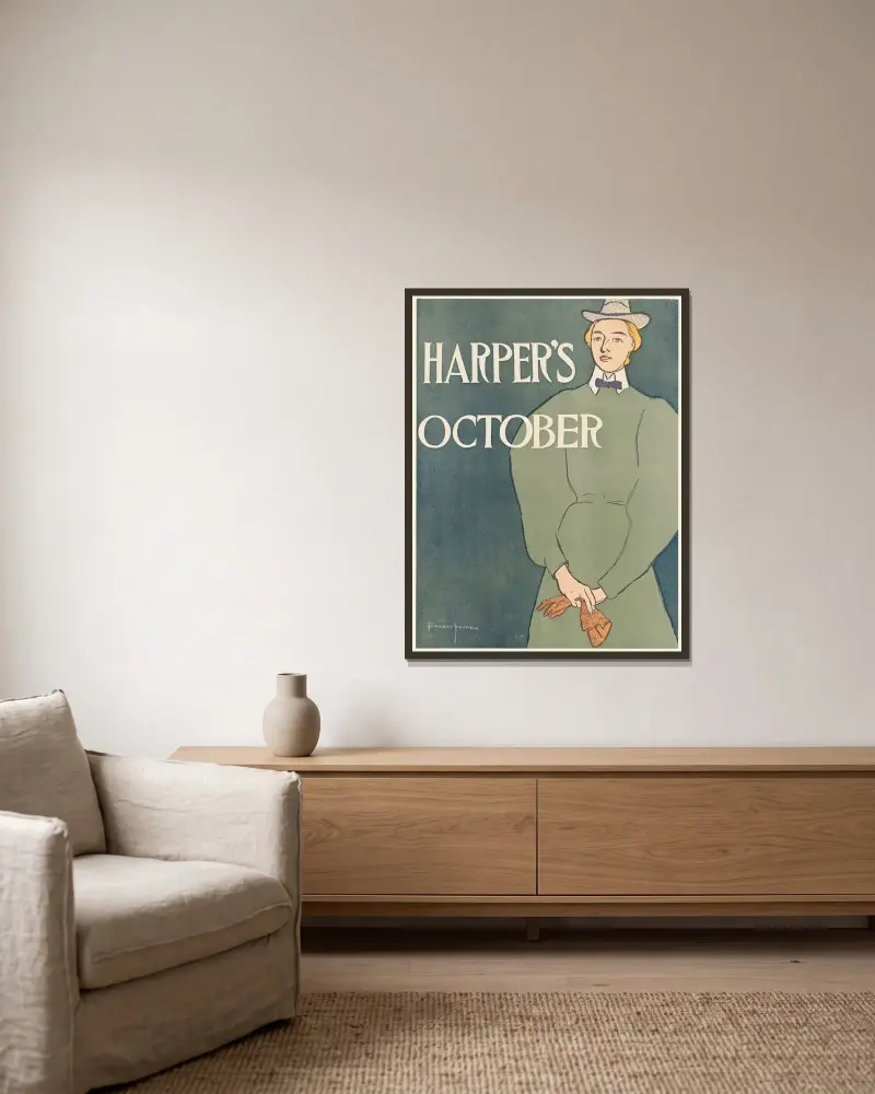 Harper’s October av Edward Penfield inramad på en vägg