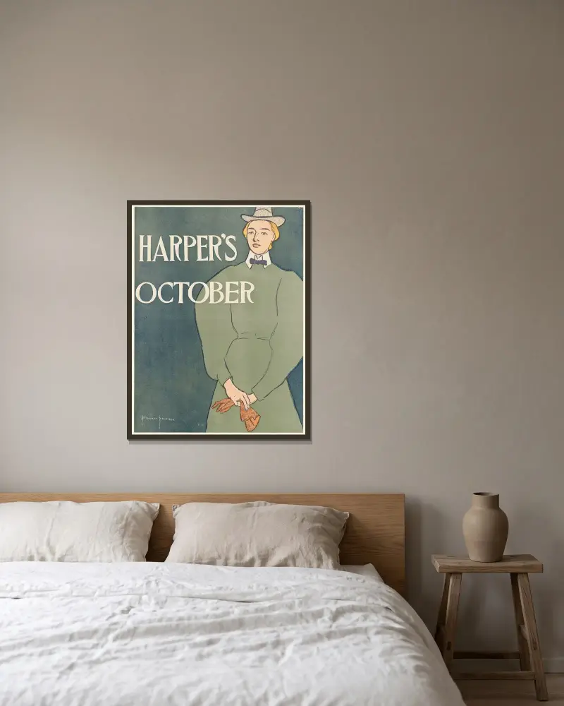 Harper’s October av Edward Penfield inramad på en vägg