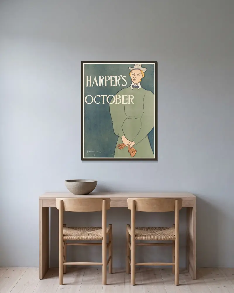 Harper’s October av Edward Penfield inramad på en vägg