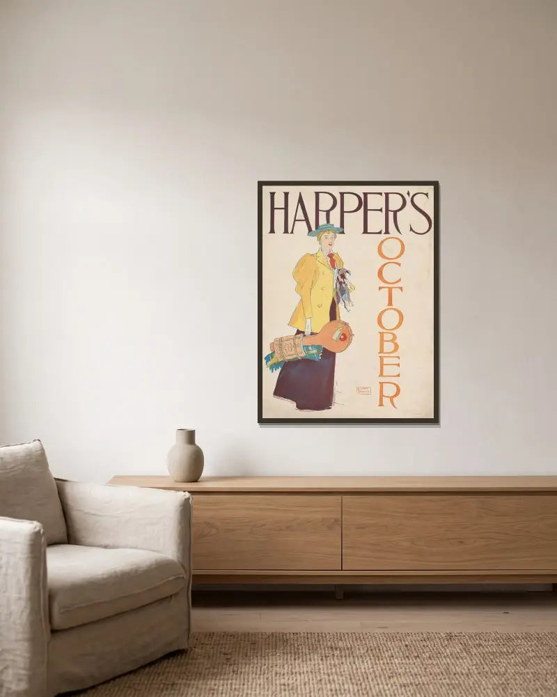 Harper’s October av Edward Penfield inramad på en vägg