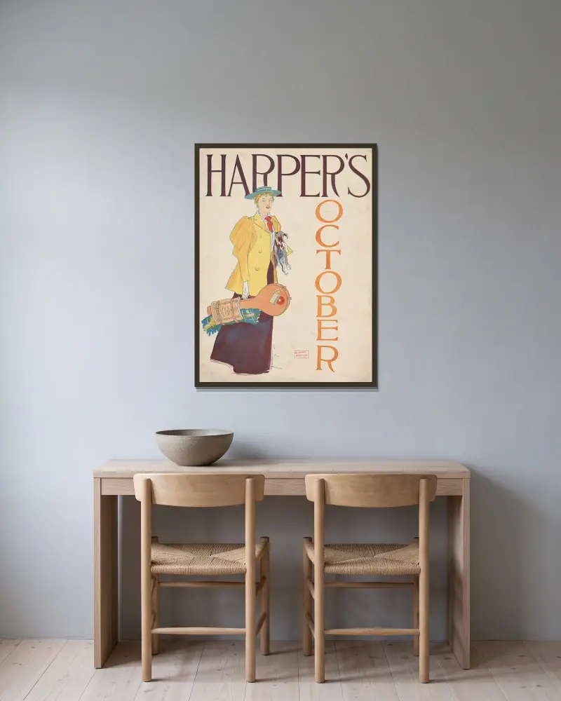 Harper’s October av Edward Penfield inramad på en vägg
